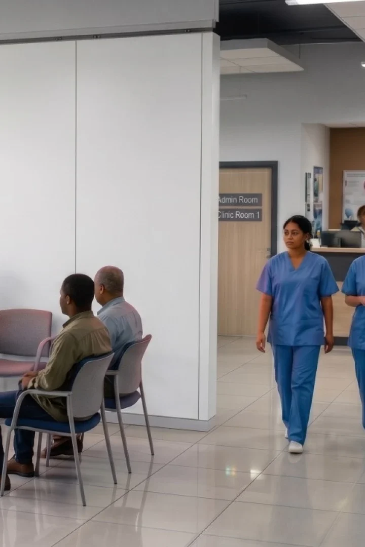 Two nurses in blue scrubs walk through a hospital lobby while patients sit in chairs nearby.