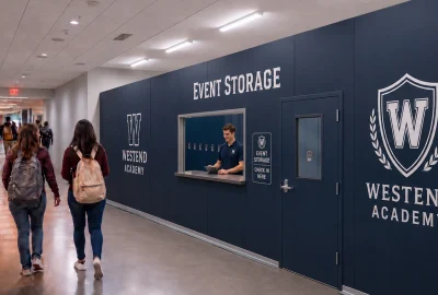 Two students with backpacks walk down a school hallway past a dark blue wall reading 'Event Storage' with a window for the receptionist and a WestEnd Academy logo.